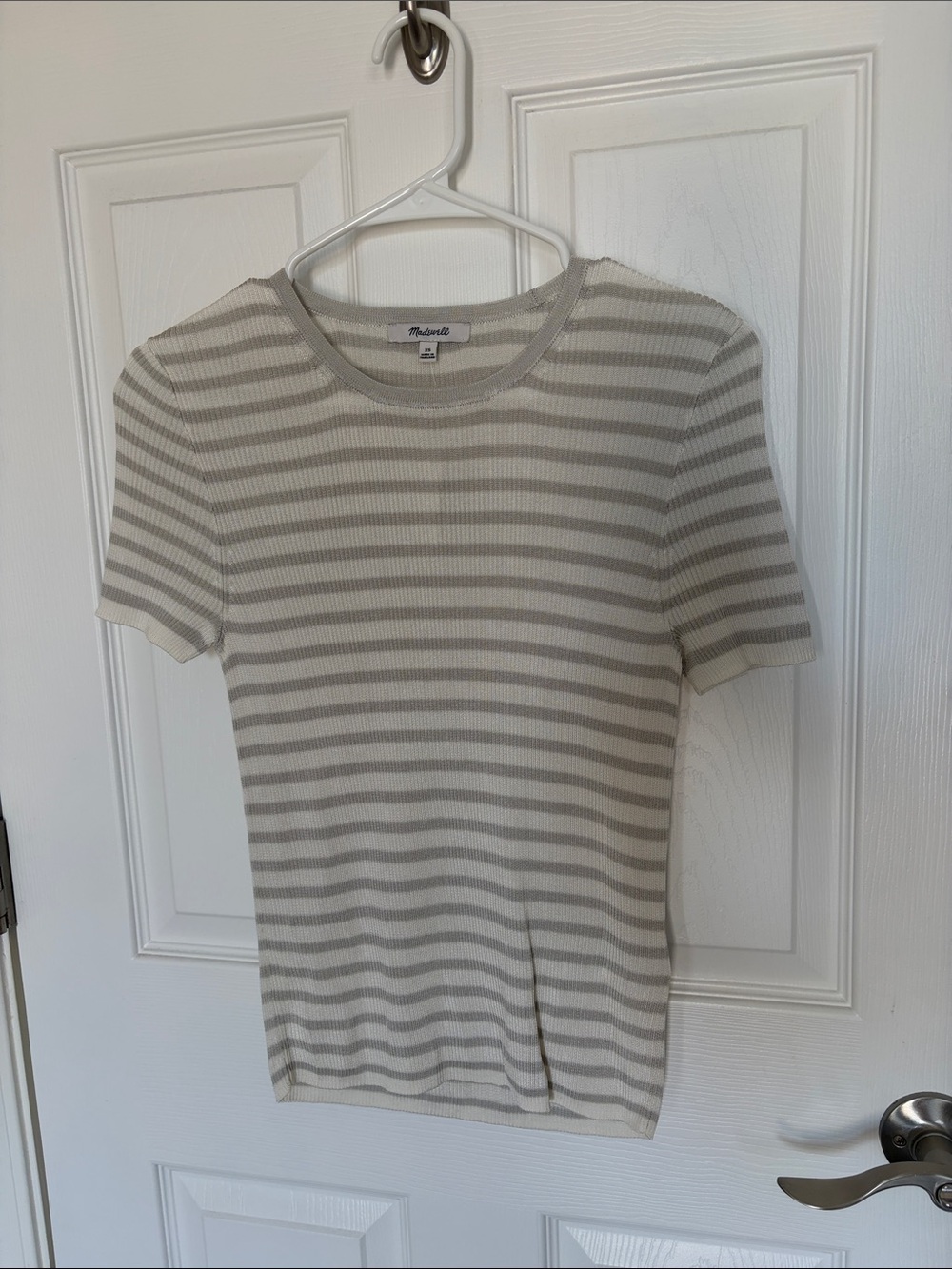 Madewell Ribbed Short Sleeve Slinky Knit Stripe Top - Cream & Light Gray